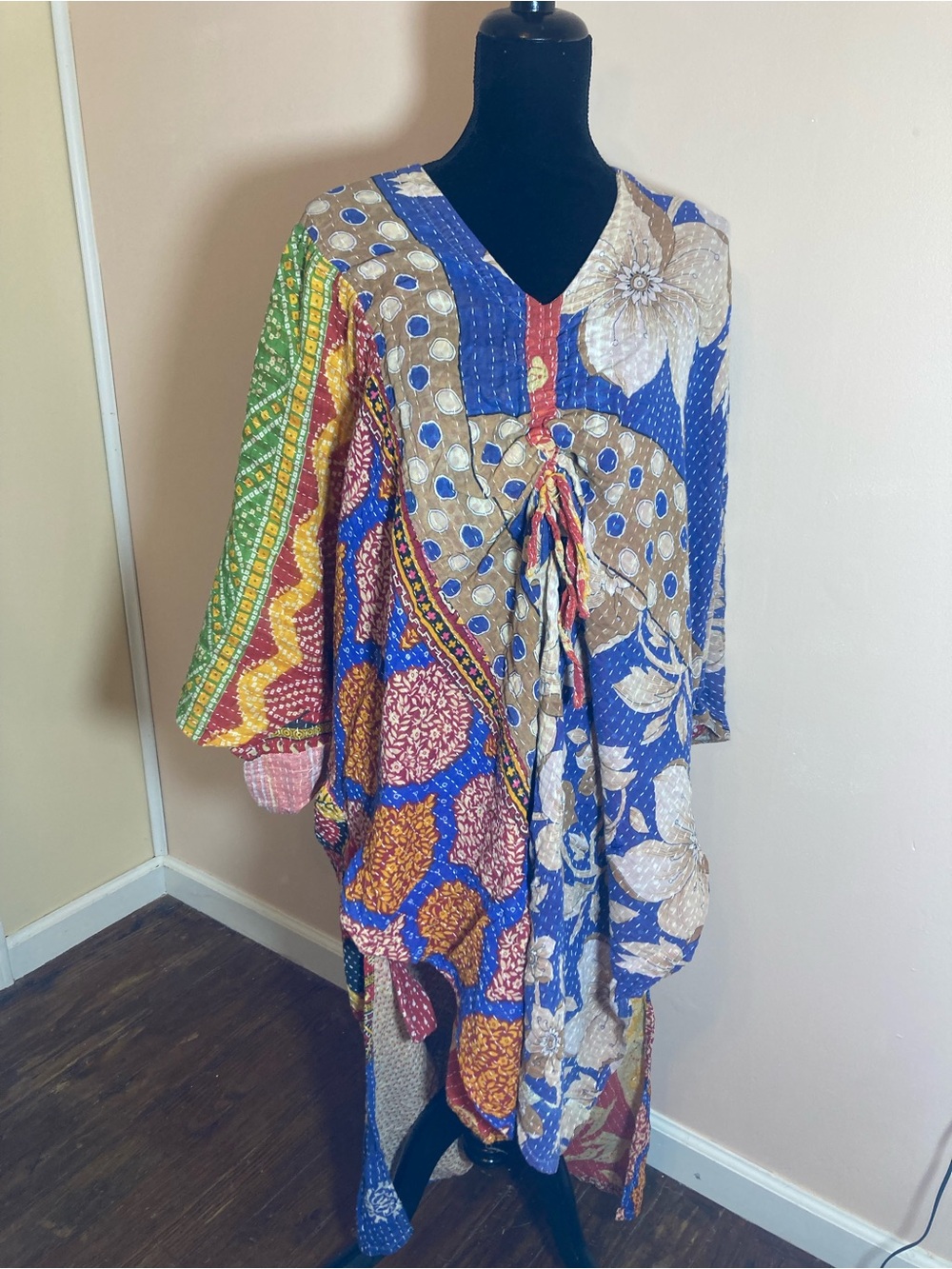 Bohemian Patchwork Midi Dress in Blue and Multicolor